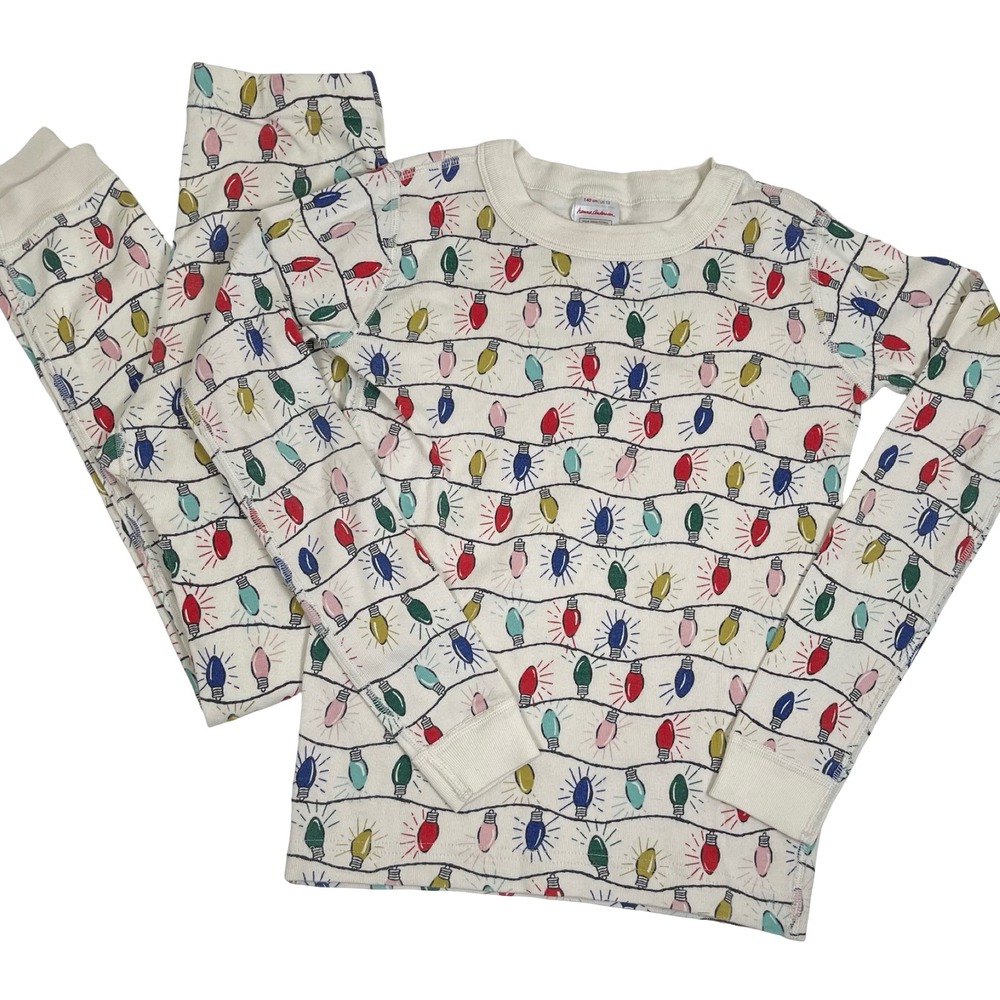 Hanna Andersson Christmas Lights Pajama Set Kids Size‎ 10 White Organic Cotton